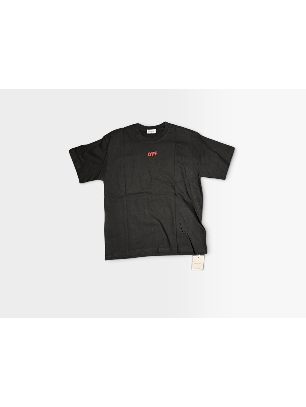 Black Off-White T-shirt with red chest logo and red arrow